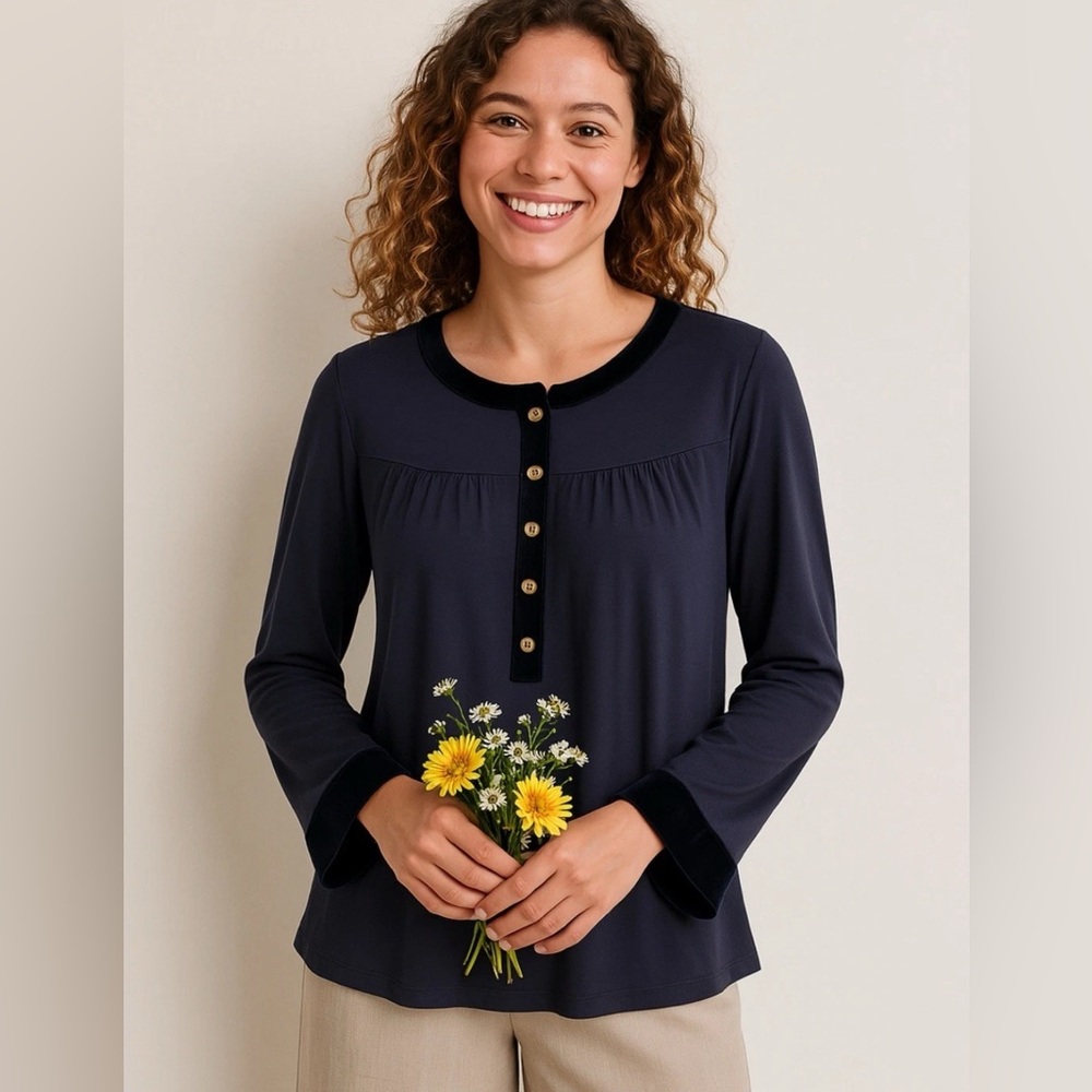 👚🌷Boden Velvet Trim Navy Jersey Tunic Top S Tall 6 8 Long Sleeve Flared Blouse